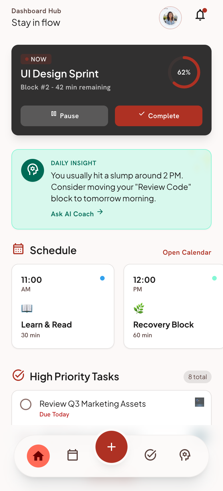 Productivity app — daily dashboard with focus timer and schedule
