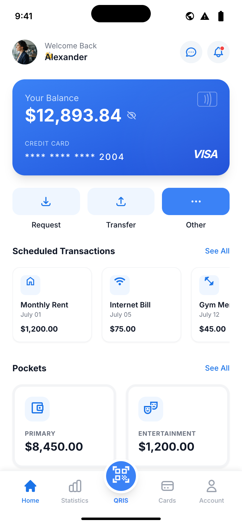 Finance app — account balance, transfers and scheduled transactions