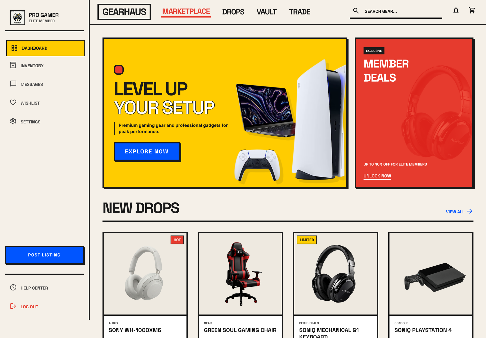 Gaming gear marketplace storefront